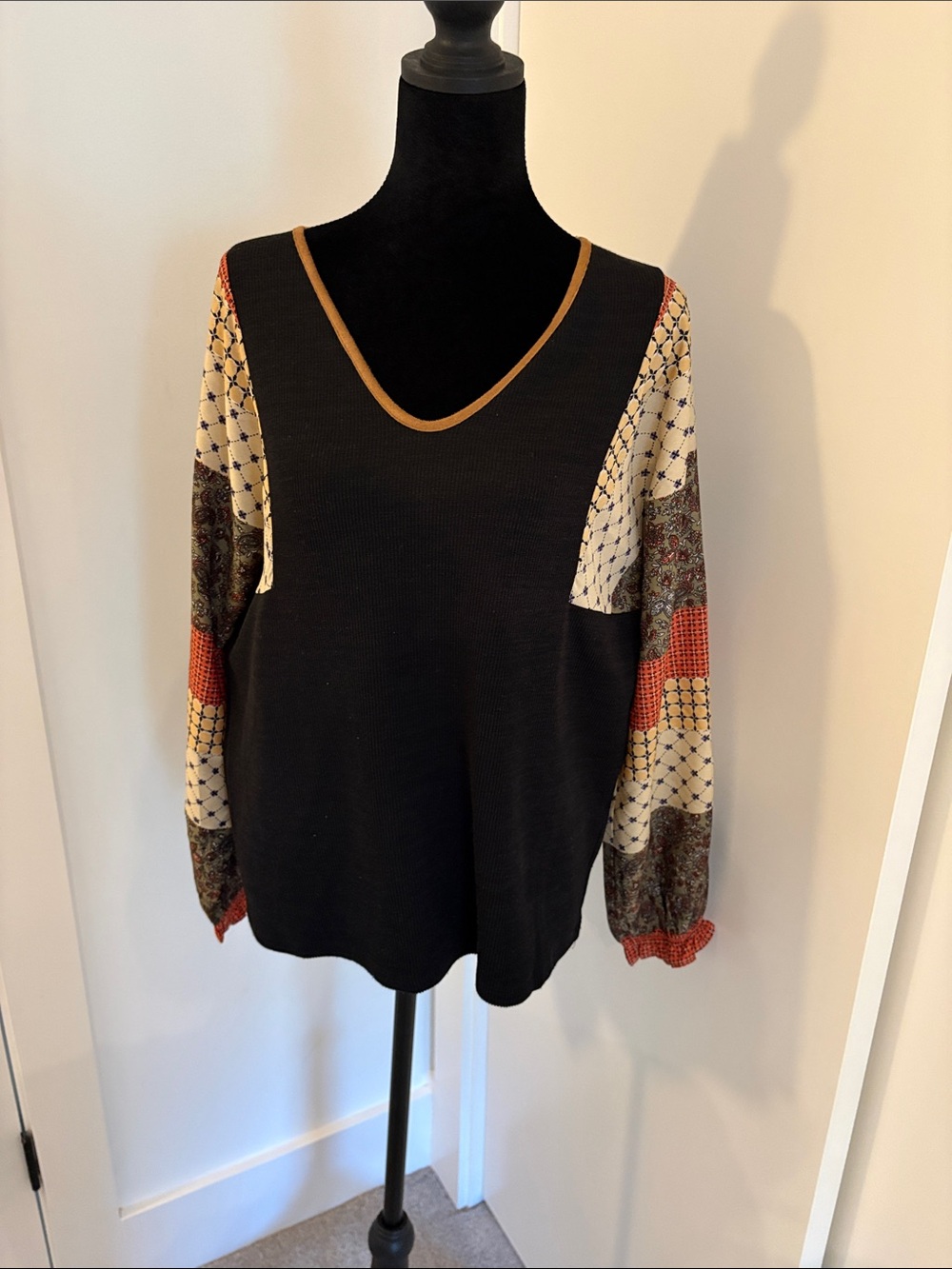 THML Black V-Neck Patchwork Sleeve Pullover with Rust Trim